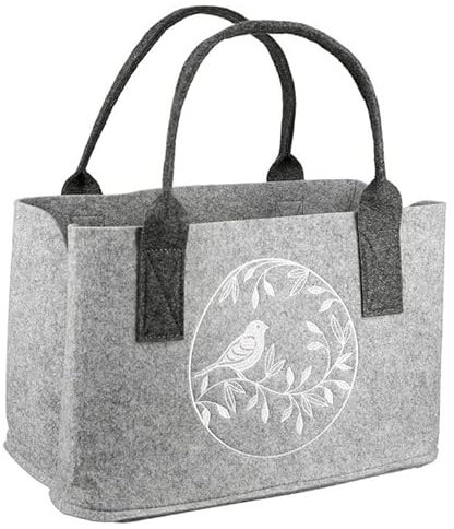 Filztasche Tasche Vogel auf Zweig hellgrau weiß Bestickt 40x26x25 cm (BxHxT)