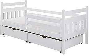 KEF Kinderbett 80x160 cm - Hannah - Bett aus Holz mit Stauraum - Tagesbett mit Lattenrost und Matress - Jugendbett und Mädchenbett für Kinderzimmer - Weiß
