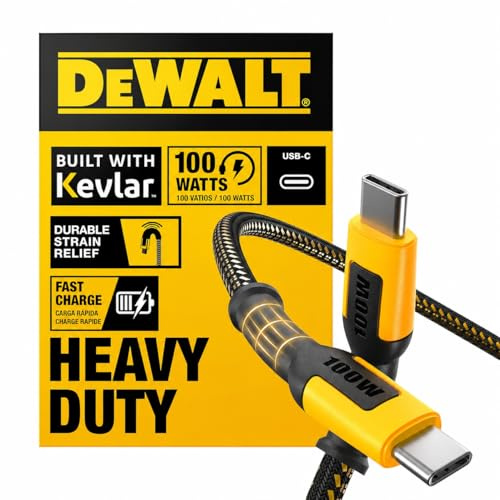 DEWALT Heavy Duty 100W USB C Cable, Jobsite 100 Watt USB C Cable, High Speed Type-C to Type-C, Fast Charge PD USBC Fast Charging Cord for iPhone 17/16/15 Plus Pro Max MacBook iPad Samsung Galaxy, 1.8m