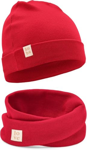 Bubalove Mützen und Schalset für Jungen, Mädchen, Baby, Größen 0mc bis 12 Jahre+ viele Farben, Frühlings-, Herbstsets, Baumwollmützen, handgenäht (52-56, rot)