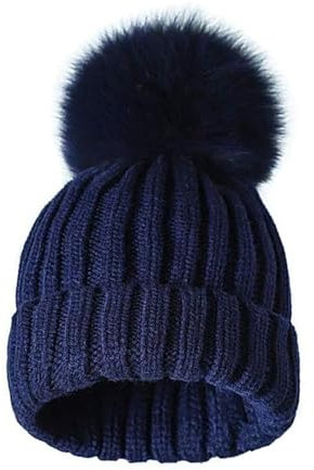 xinshibao Wintermütze Strickmütze mit großem 15cm Flauschige Bommel für Damen Echtfell Fuchspelz Winter-Mütze Bommelmütze