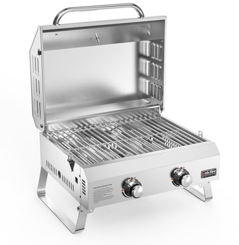 onlyfire Tischgasgrill 2 Edelstahlbrennern, Tischgrill mit Deckel, Grillrost, Thermometer, Kleiner Gasgrill für Balkon Camping Garten, 4.7 kW, Grillfläche 46x35cm, BBQ Tragbarer Tisch Gasgrill