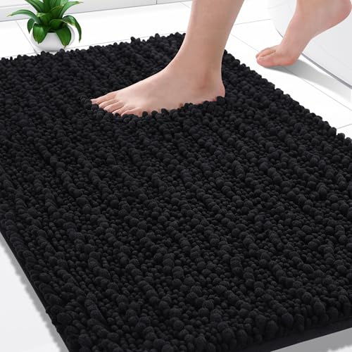 Yimobra Chenille Badematte rutschfest - Weicher Badvorleger Maschinenwaschbar - Mikrofaser Absorbent Badteppich, für Dusche und Badezimmer, 92 x 61 cm, Schwarz