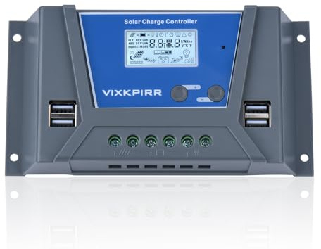 VIXKPIRR PWM 20A Solar Laderegler 12V 24V Automatisch mit Bluetooth & App | 20A Solarladeregler mit Temperatursensor, LCD-Anzeige, 4 USB-Ports, Solarregler für Blei‑Säure‑, Gel‑und Lithium‑Batterien