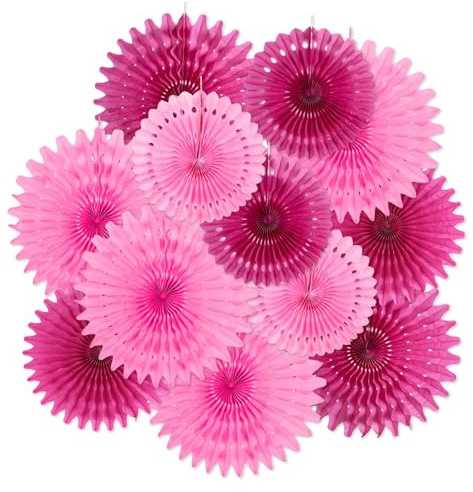 EASY JOY 12er Girlande Geburtstag Rose PapierFächer Set Geburtstagsdeko Mädchen Blumen Hängende Hell Pink Deko für Geburtstag Party Hochzeit Neujahr Baby Shower Gartenparty