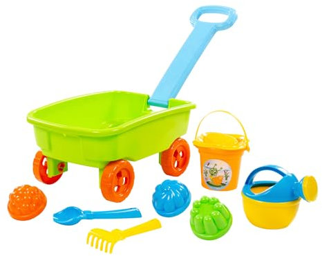 solini Sandspielzeug-Set Handwagen klein - Handwagen, Eimer mit Sieb, 3 Förmchen, Schaufel, Rechen, Gießkanne - aus robustem Kunststoff - ab 12 Monaten geeignet