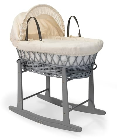 Clair de Lune Moisés de Mimbre Gris gofre con Soporte balancín estándar Blanco, 68 x 30 cm (Crema)