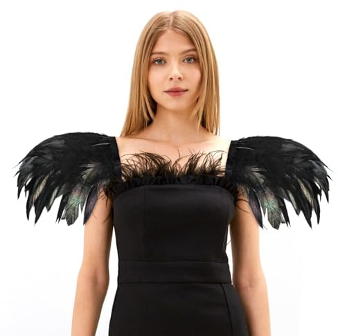 Aurasky Federkragen Schwarz, Gothic Kostüm, Federschal, Feder Epauletten, Feder Achselzucken, Raben Kostüm für Halloween Fasching Karneval Cosplay Dress Up Party