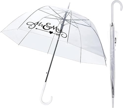 Theaque 2 Stück Mr and Mrs transparenter Regenschirm, Hochzeit, Stab, Kuppel, automatisches Öffnen, Hochzeitsschirm für Erwachsene, weiß, Klassisch