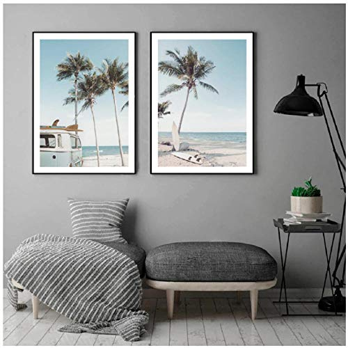 AdoDecor Bilder 2er Set, Bilder Wohnzimmer, Bild auf Leinwand, Meeresstrand-Surfplakat Wandbilder Schlafzimmer, Bus-Kokospalme Badezimmer Boho Deko(Ungerahmt)