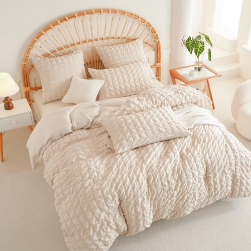 Musselin Bettwäsche 135x200 Beige Kariert Seersucker Mädchen Bettbezug Set | Oeko-TEX,Sommerbettwäsche,Lustig,Weich,Mikrofaser,Musselin-Bettwäsche,Kissenbezug 80x80,Einzelbett,2teilig,Reißverschluss
