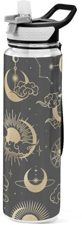 Mnsruu Transparente Sport-Wasserflasche mit Strohhalm, auslaufsichere Trinkflasche, Retro, Mond, Sonne, Sterne, Wolken, Fahrradflaschen für Sport, Büro, Schule, BPA-freier Tritan-Kunststoff, 1 Liter