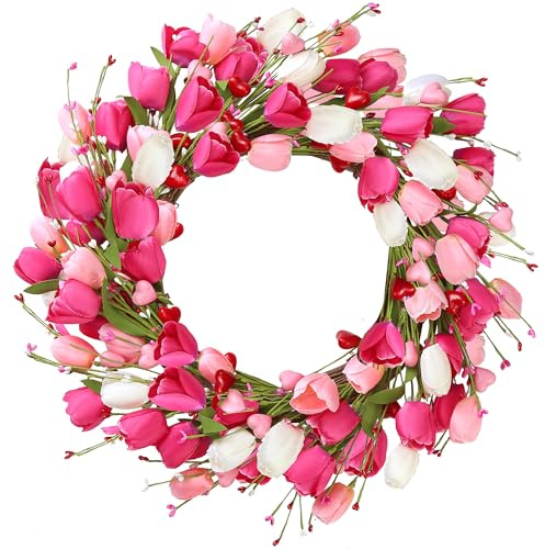 Sggvecsy 50,8 cm großer Tulpenkranz für Haustür, künstlicher rosa Blumenkranz, Frühlingssommer, Seidenblume mit Herzbeeren, grünen Blättern, für Geschenke, Festival, Hochzeit, Fenster, Wanddekoration
