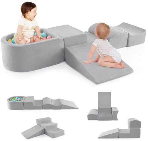 GOPLUS Bloques de Escalada de Espuma con Piscina de Pelotas (Gris) | 5 PCS Bloques con Funda de Tela Suede, Espuma de Alta Densidad, Actividad de Juego Blando para Trepar, Sin Pelotas de Mar
