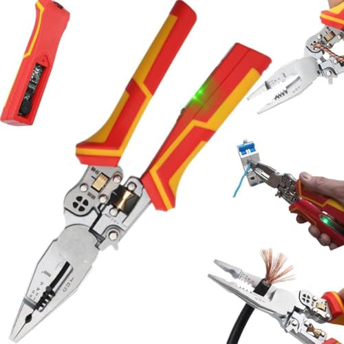 Yiokii Pince à dénuder 9 en 1 avec fonction de mesure de l'électricité, outil à dénuder avec testeur d'électricité, pince à dénuder torsadée pour couper et tirer les fils, les câbles et les ciseaux