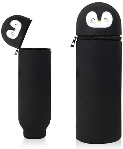 Wydexint Kawaii Federmäppchen, Mäppchen, 2-in-1 Weiche Silikontasche,Stand Up Federmäppchen, Tier Stifthalter, Cartoon Bleistifthalter Für Mädchen Und Jungen (Schwarzer Pinguin)