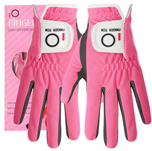 FINGER TEN Women’s Golf Glove Left Hand Right Microfiber Grip Rain Hot Wet All Weather Both Hand Pair, Ladies Golf Gloves Soft Flexible Durable Wear Resistance Good Grip (Carmine, L)