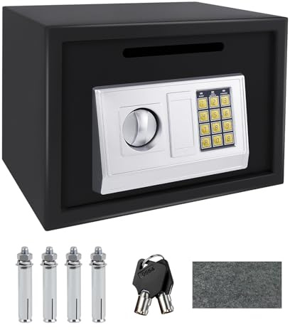 16L Electronic Digital Safe Box, Fireproof Security Box Home Office Money Cash Jewelry Steel Safety Box with 2 keys, Wall Mounted Mini Safe for Home Office Hotel, 35 x 25 x 25 cm, Black