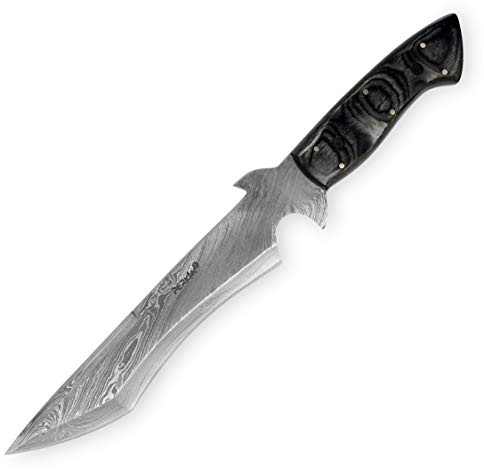 Perkin Damast Jagdmesser mit Feststehender Klinge, Full Tang Griff, Handgeschmiedete Damaszener Stahlklinge, Schwarz