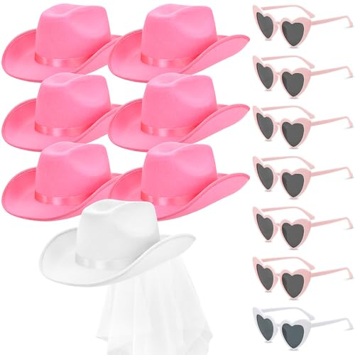 YFNVH 14-teilig JGA Cowgirl Accessoires Set Damen mit Pinker Cowboyhüte Mädchen, Brauthut & Herzbrillen für Junggesellinnenabschied Party, Cosplay, Western Party, Karneval, Fasching