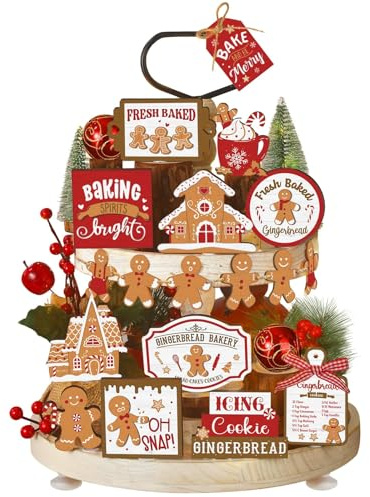 Juego de 17 adornos navideños de madera estilo pan de jengibre – Decoración de Navidad para bandeja escalonada, mesa y chimenea – Casitas navidad, 3D muñeco de jengibre – Centro de mesa navidad