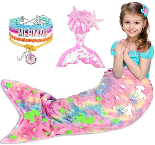 SACBRZZ Coperta a Coda Di Sirena, Indossabile Coperta Sirena, Luminescenti Al Buio Unicorn, Morbida in Flanella, Con Braccialetti E Fermagli per Capelli, Per Ragazze Bambini Adolescenti, 140x60cm