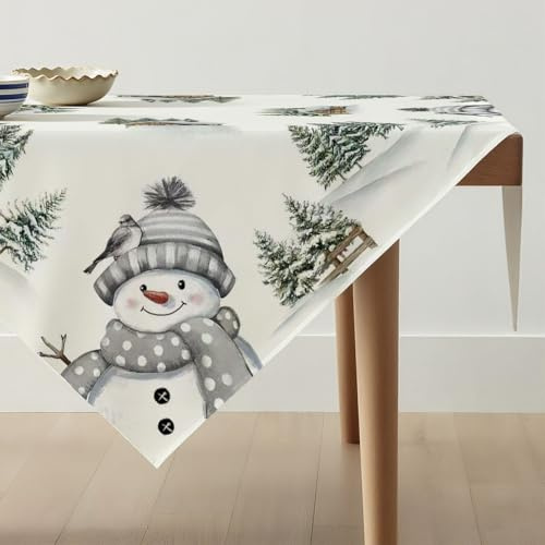 Avalune Tischdecke Weihnachten Grau Schneemann Mitteldecke Weihnachts Tischdeko Grün Weihnachtsbaum Weihnachtstischdecke Modern Winter Tischwäsche Christmas Decorations für Party Deko 85 x 85 cm