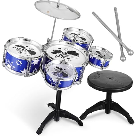 Yardwe Batterie Garçon Fille Tambours avec Tabouret Et Cymbales Bleu Instrument De Musique Percussion Jazz Kit Éducatif pour Développer Le Rythme Confiance des Tout-Petits