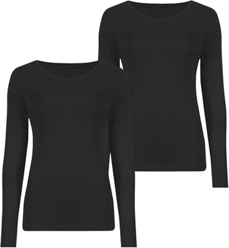 HUBIBUBI Womens T Shirts Pack of 2, Plain Round Neck Long Sleeve Tops, Stretchy Slim Fit Breathable Summer Shirts, Casual Going Out Tops UK (UK, Numeric, 8, 10, Regular, Regular, Black)