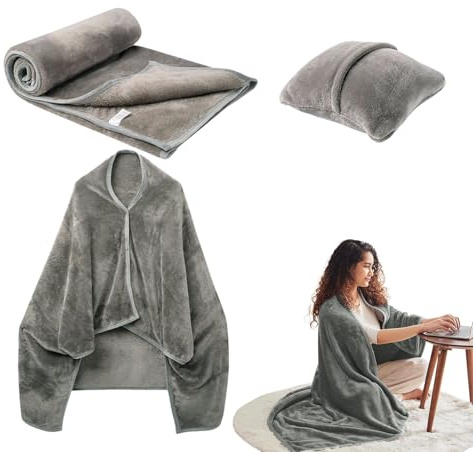 Nybhyjka Cobija de viaje compacta de avión – Combo de almohada compacta de viaje | Manta cálida de franela para viajes, almohada suave para mujeres y hombres