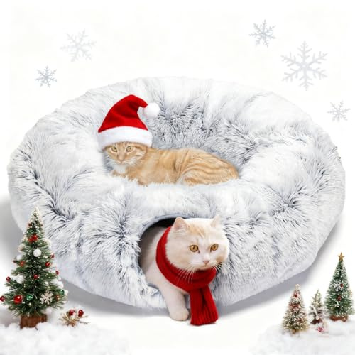 Nobleza Katzentunnel mit Katzenbett, Faltbarer Spieltunnel für Katzen mit 2 Eingängen & Spielzeugball, Verstellbar in 3 Formen (Rund, S, Doppel), Grau