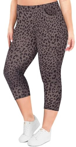 TIYOMI Plus Size Leggings for Women Grey Leopard Capri Stretchy High Waist Animal Three-Quarter Leggings Casual Cheetah Knee-Length Capris with Pockets XL 14W 16W