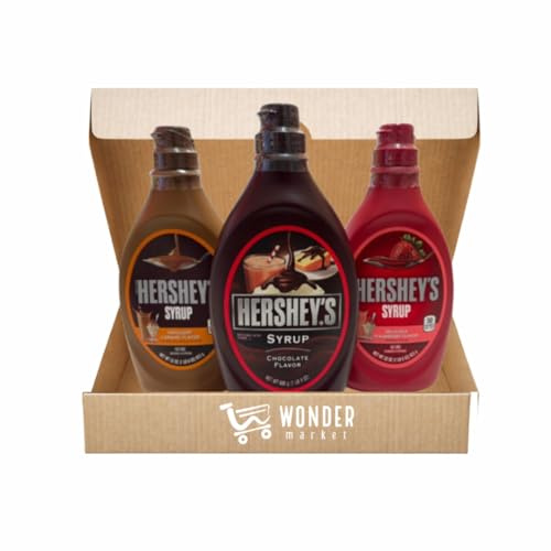 Wondermarket Siropes Americanos. Pack Degustación Hershey. Chocolate, Caramel syrup. Strawberry syrup.