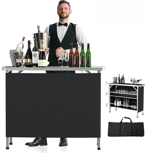 Bonnlo Campingtisch aus Aluminium, 2-stufige Ablage mit Oxford-Stoff, Outdoor Bartisch Klappbar, Leicht & Tragbar, inkl. Tragetasche, 109 x 38 x 89 cm, bis 50kg, für Camping, Garten, Party & Picknick