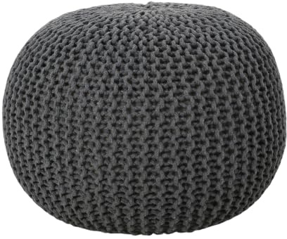 Bordeaux Knitted Cotton Round Pouf Ottoman, Gray, 20x20x13 inches (Gray, Medium)