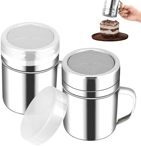 ZXNJA 2 Stück Puderzuckerstreuer,Mehlstreuer Mit Deckel,Staubzuckerstreuer | Edelstahl Puderzuckerstreue Mit Griff,Mehlstreuer Brot Backen,Kakaostreuer Für Cappuccino,Kaffee,Salz,Zucker,Kakao,Schokolade