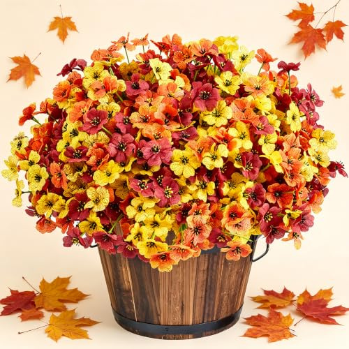 XIANNVXI 16 Bundles 3 Colours Autumn Artificial Flowers Plants for Outdoor | UV Resistant Fake Faux Silk Small Autumn Flowers for Outdoor Indoor,Fall Autumn Home Garden,Porch,Patio,Window Box,Halloween