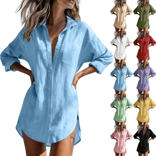 Saxrel Shirts for Women UK Oversized Lapel Collar Button Down Linen Blouses - Solid Color Ladies Summer Tops Curved Hem for Beach Cover Up Casual Daily Outing Sizes S-3XL