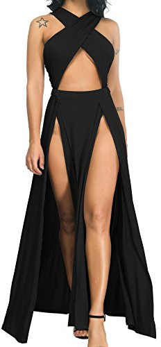 Velius Women Sexy Hollow Out Halter Wrap Sleeveless Plain Pleated Slit Casual Long Maxi Dress, Black, Medium