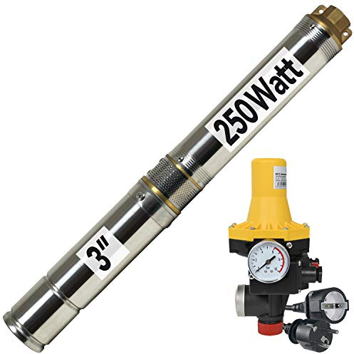 3 250W Tiefbrunnenpumpe 230V Brunnenpumpe Edelstahl + Durchflusswächter | bis 9 bar Förderdruck