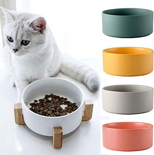 Perfuw Keramik Hundenapf, Tiernahrung & Wassernäpfe mit rutschfestem Holzständer, spülmaschinenfest/mikrowellengeeignet, langlebiges Steinzeug für kleine, mittelgroße Hunde und Katzen