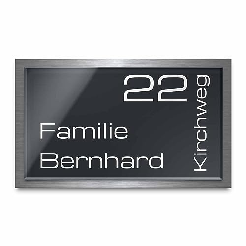 Designer Hausnummer 25x15 cm mit Gravur und Montage Set - rechteckig - Familien-Haus gravierte Hausnummern mit Straßen Straßennamen für die Haustür Ferienhaus