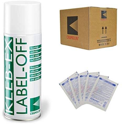 KLEB-EX - VPE: 12 x 200ml Spraydose - Kleberlöser und Etikettenlöser - ITW Cramolin - 1341411 - Etikettenentferner und Kleberentferner inkl. 5 St. DEWEPRO® SingleScrubs