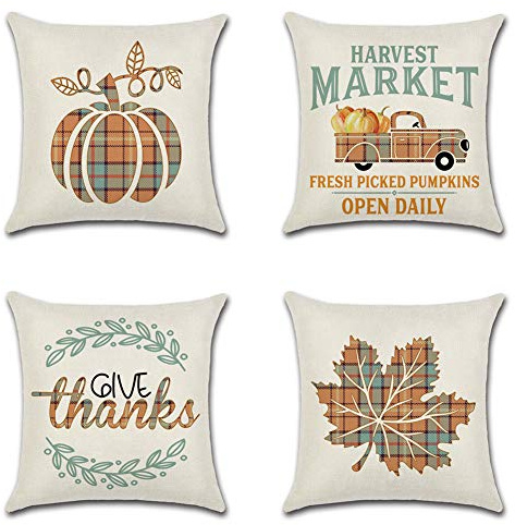 Artscope Lot de 4 housses de coussin, décoratives, 45 x 45 cm, thème de l’automne, en polyester et lin, pour le canapé, la voiture et la chambre à coucher, motif de citrouille, G