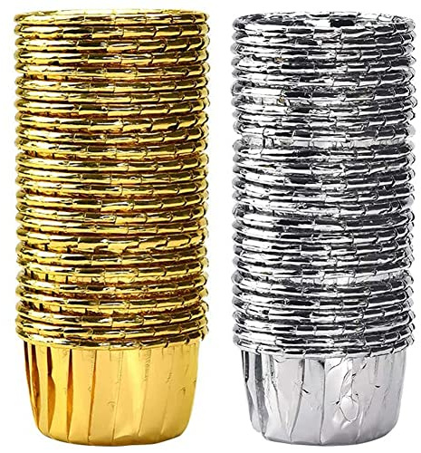 Foil Coated Paper Cupcake Cases, NALCY Magdalena de Papel de Aluminio, Moldes para Magdalenas, Moldes Mini Magdalenas, para Hornear Magdalenas, Fiesta de Bodas, Cumpleaños, Color Dorado, Plateado