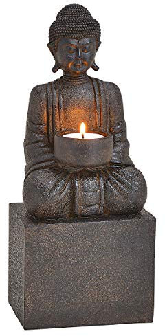 Buddha-Figur Teelichthalter, auf einem Sockel sitzend, meditierend, schwarz | Kerzen-Halter, Skulptur, Statue, Deko-Artikel, Deko-Figur, H 30 cm