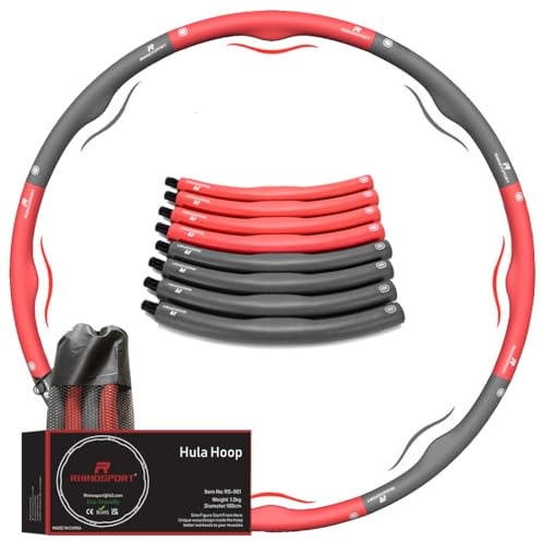 RHINOSPORT Hula Hoop Aro de fitness para adultos y niños 8 piezas desmontables peso y tamaño se pueden ajustar (1,2 kg) con minicinta métrica (negro y rojo)