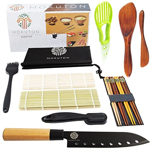 MOKUTON Sushi Set & Maki - Geschirrset & Zubehör aus Bambus, für selbstgemachtes Sushi/Maki - Einfach zu verwenden - Inkl. Messer, Stäbchen, Bambusmatte & mehr - Schönes Geschenk für Köche