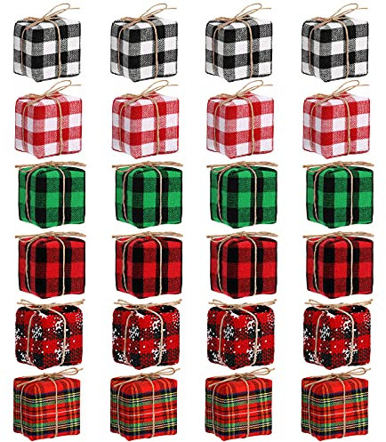 24 Stück Mini-Geschenke zum Basteln, Büffelkariert, Weihnachtsbaumdekoration, Pakete, Geschenkbox, Weihnachtsdekoration, Miniatur-Weihnachtsbaumschmuck, verpackte Geschenkboxen (mehrfarbig, 5,1 cm)