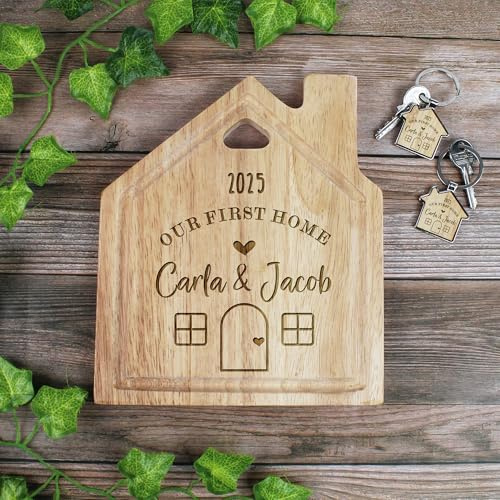 eBuyGB Personalised Our First Home House Board, Couples House Warming Chopping/Cutting Board, Moving House Gift, New Home with Matching His & Hers Keyring Option